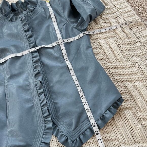 Hot In Hollywood Slate Faux Leather Ruffle Cottagecore Academia Jacket Blazer L - Picture 4 of 16